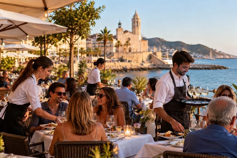 Camareros sirviendo en una terraza junto al mar en Sitges, con la iglesia de Sant Bartomeu i Santa Tecla al fondo